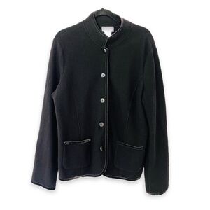 Talbots Merino Wool Bomber Jacket Black Blazer Button Up Madarin Collar